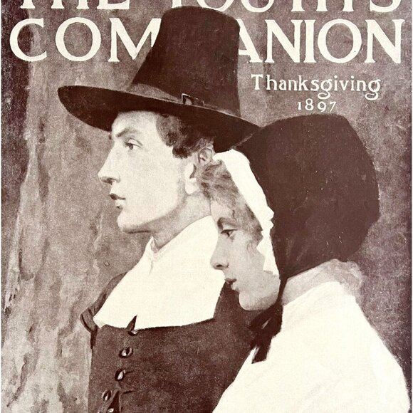 1897 Thanksgiving Pilgrims Youth's Companion Cover Lithograph Victorian DWCC6 - Picture 1 of 2